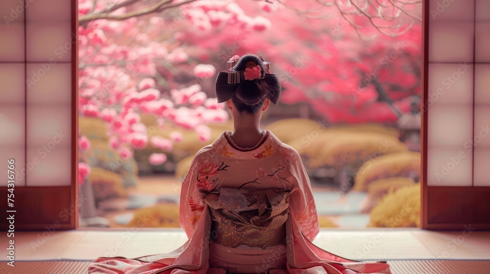 Japanese woman in Kimono, facing Cherry Blossom Spring Japanese woman in Kimono, facing Cherry Blossom Spring