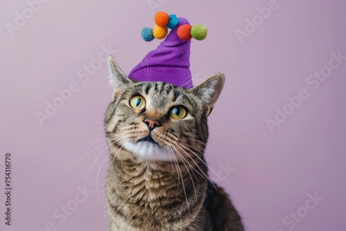 A cat with a jester hat  against a pastel purple background, close-up to capture the cat's playful gaze, 