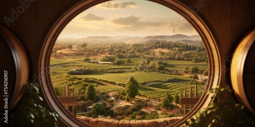 Generative AI, beautiful vineyard with wooden barrels, green landscape. Rows of vines on sunset