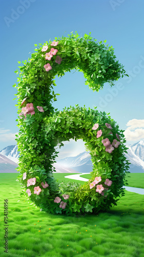Typography of number "6" in a green meadow. Mountains in the background. Gras. Lake. Nature. Clouds. AI Generated