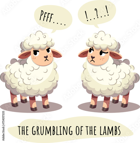 Two dissatisfied white curly sheep grumble. The grumbling of the lambs. Animals character isolated on white background, cartoon vector style.