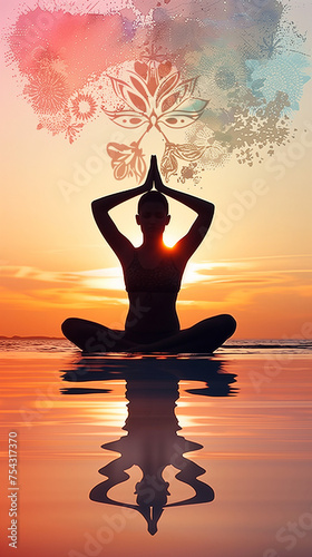 Woman taking a yoga pose. Sunset & a flower in the background. AI Generated