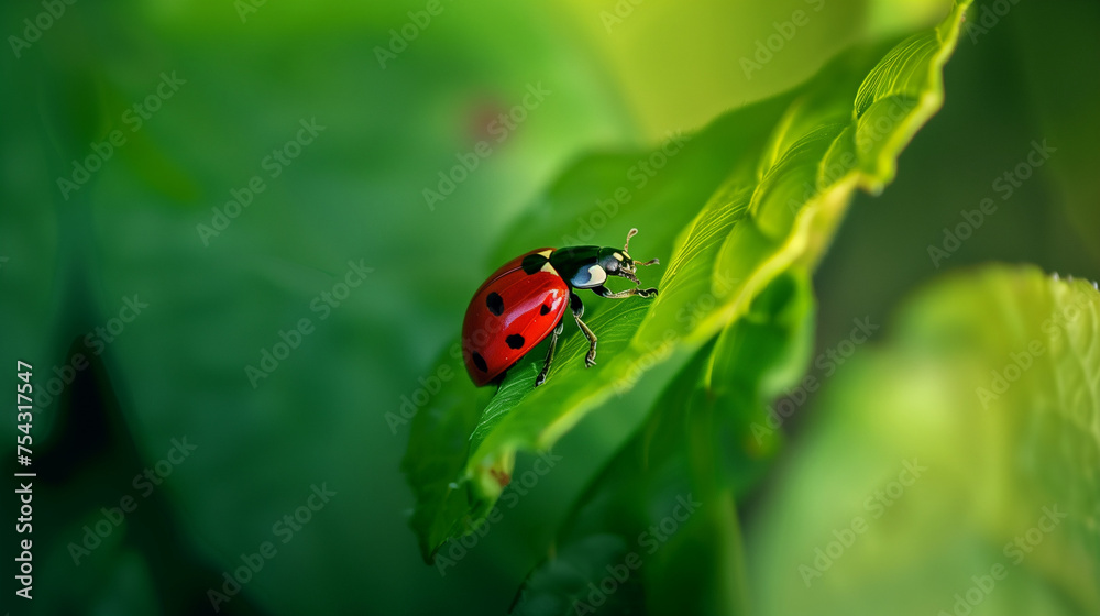 A ladybug awakens from winter, close-up, macro, with green leaves in the background.. AI Generated A ladybug awakens from winter, close-up, macro, with green leaves in the background.. AI Generated