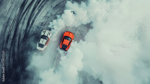 High-angle shot of sports cars drifting, engulfed in tire smoke.