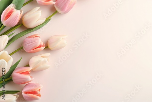 Delicate pink tulips on a soft pastel background, capturing the essence of spring and elegance. Copy space