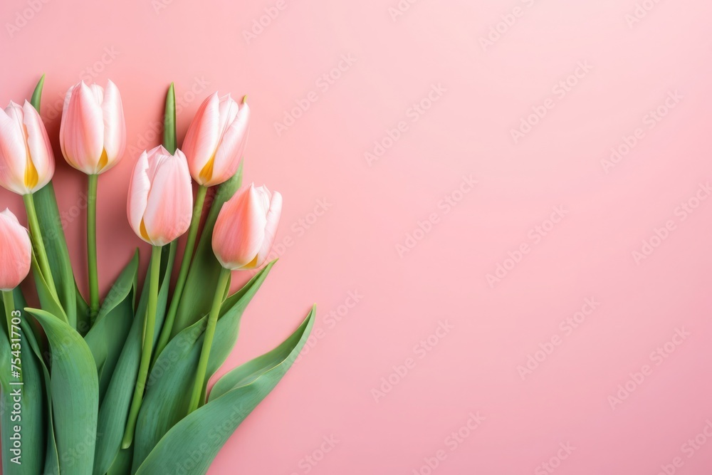 Blushing tulips on pink whisper of elegance, gentle grace in a soft-focus world. Copy space