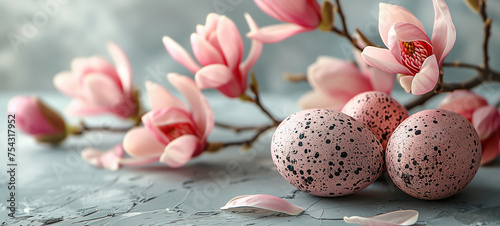 Traditional colored Easter eggs with various ornaments  butterflies  spring flowers and green leaves on a light background with copy space for congratulatory text. Colorful easter eggs.