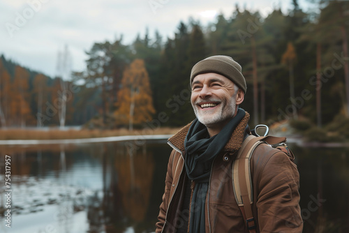 Man in his 50s  60s who exudes happiness and a sense of feeling truly alive in a beautiful natural park near a lake, genuine smile on his face © Apinya