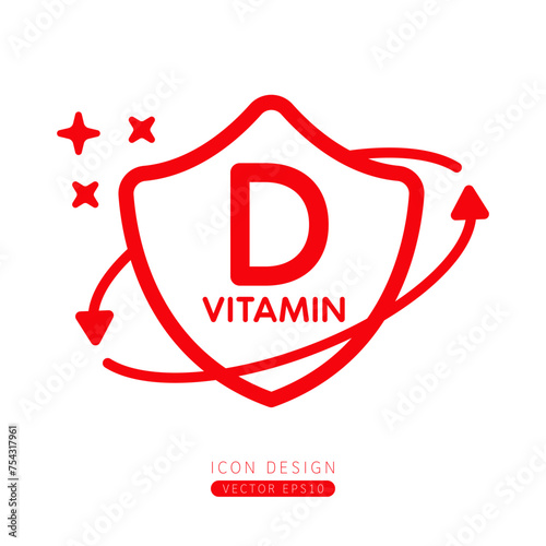 Vitamin D icon red in shield surrounded by arrows Isolated on a white background. Medical symbol build protective and immunity concept. Design for use print media form simple line. Vector.