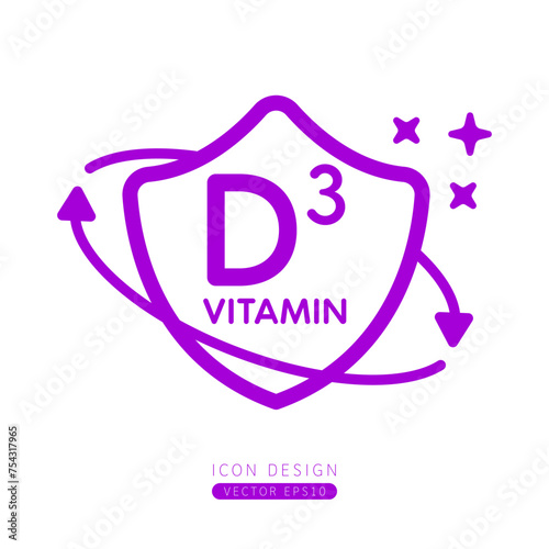 Vitamin D3 icon purple in shield surrounded by arrows Isolated on a white background. Medical symbol build protective and immunity concept. Design for use print media form simple line. Vector.