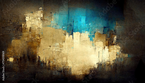 Generative AI, Blue, golden and black watercolor abstract painted background. Ink black street graffiti art on a textured paper vintage background, washes and brush strokes.. photo