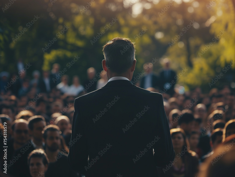 Man politician doing a speech outdoor in front of a crowd of members of a political party. AI Generated - obrazy, fototapety, plakaty 