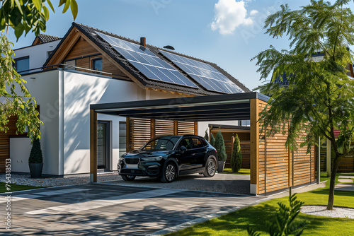 Beautiful wooden carport next to a new detached house (A.I.-generated) photo