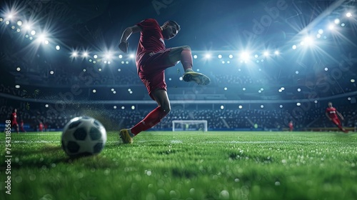 Soccer Player Performing High Kick on Stadium Field A soccer player in a red uniform captured mid-air executing a high kick during an evening match in a fully-lit stadium.