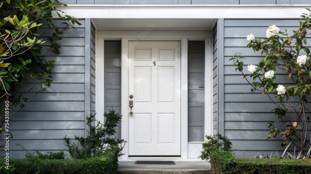 Main entrance door in house. Wooden front door with gabled porch and landing. Exterior of Georgian style home cottage with column, Main entrance door in house. Wooden front door with gabled porch and landing. Exterior of Georgian style home cottage with column,