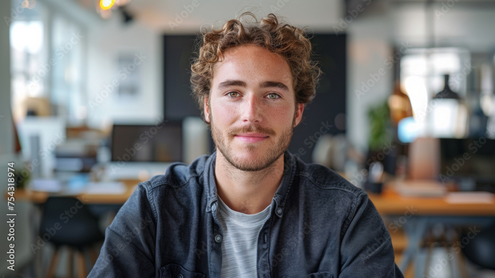 A young man with an inviting smile in a casual office. A young man with an inviting smile in a casual office.