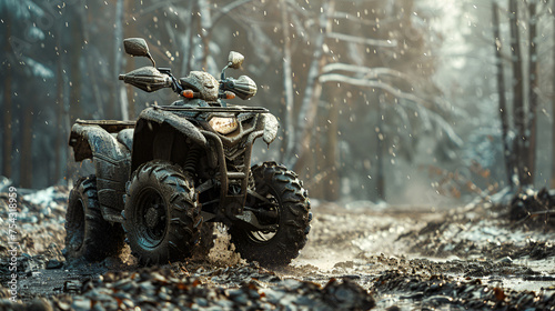 black quad bike in the autumn field, . Front view. Extreme type of outdoor activities. ATV, quad bike in the forest, Generative AI