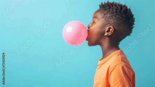 A child blowing a bubble gum balloon on a teal background.