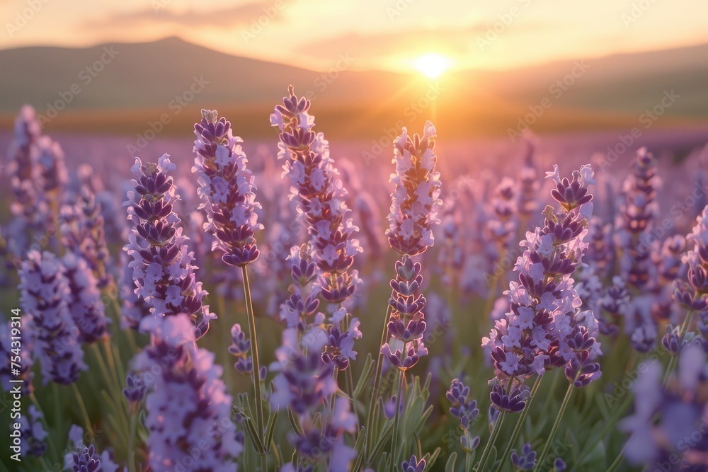 Warm sunset bathing a field of lavender in golden light, creating a serene landscape. Warm sunset bathing a field of lavender in golden light, creating a serene landscape.