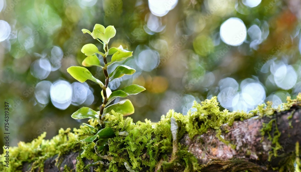 green moss, exotic tropical plant growing on a tree branch