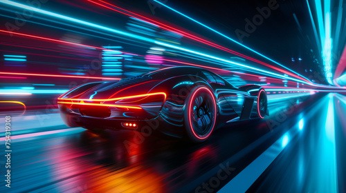 Modern futuristic car in movement. Cars lights on the road at night time. Timelapse, hyperlapse of transportation. Motion blur. AI Generated