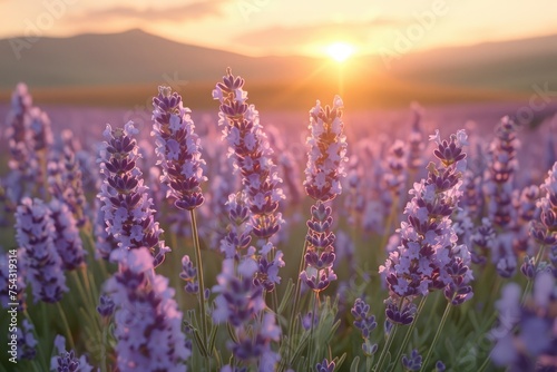 Warm sunset bathing a field of lavender in golden light, creating a serene landscape. © Vilaysack