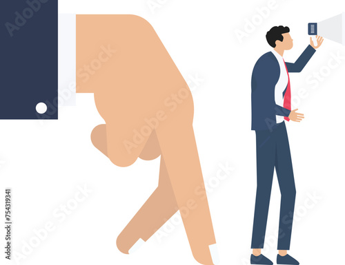 social media, businessman shouting in loud speaker with Finger Walk symbol and follow us word, Social media marketing concept

