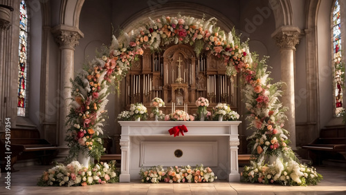 Church altar decorated with fresh flowers. Wedding arch © Svetlana