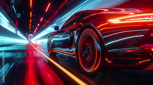 Modern futuristic car in movement. Cars lights on the road at night time. Timelapse, hyperlapse of transportation. Motion blur. AI Generated © DayDay Studio