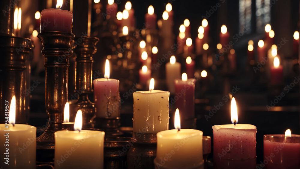 Candles in the church closeup. Dark light Candles in the church closeup. Dark light