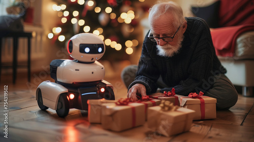 In a cozy room lit by Christmas lights, a senior man and a friendly robot are engaged in wrapping holiday presents together..