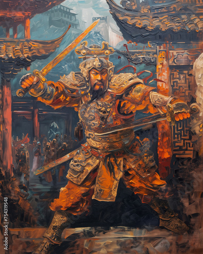 An AI generative image of Medieval Chinese warrior in oil painting style