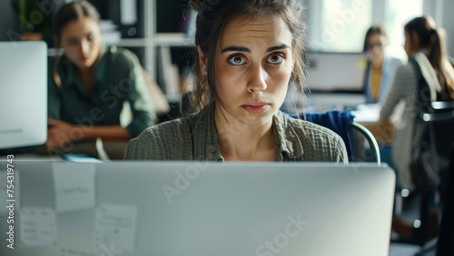 Woman with surprised expression working on a laptop in a bustling office.