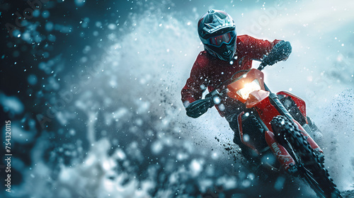 motorcross stunts bike, Extreme Motocross MX Rider riding on dirt track, Rider driving in the motocross race, large cloud of ice and debris, Generative AI