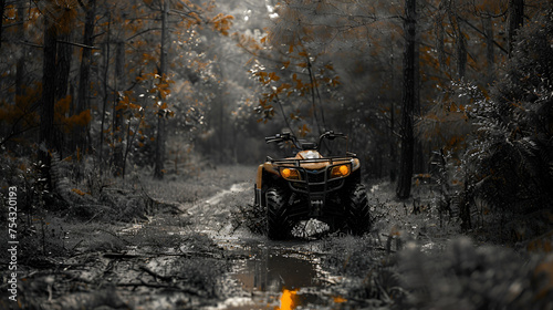 orange quad bike in the autumn field, . Front view. Extreme type of outdoor activities. ATV, quad bike in the forest, Generative AI