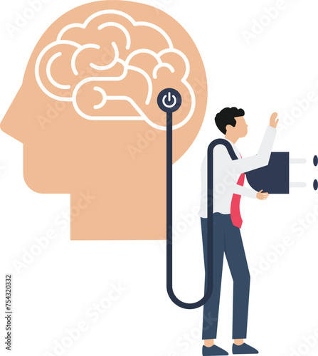 human head with brain inside and man putting power plug into socket. Concept of productivity boost, source of energy for brain charging


