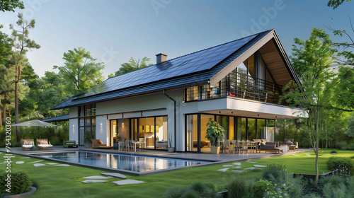 New modern eco friendly passive house with a photovoltaic system on the roof and landscaped yard. Solar panels on the gable roof. AI Generated © DayDay Studio