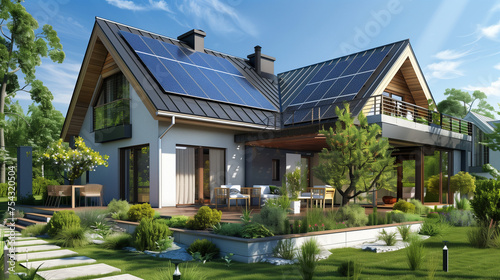New modern eco friendly passive house with a photovoltaic system on the roof and landscaped yard. Solar panels on the gable roof. AI Generated