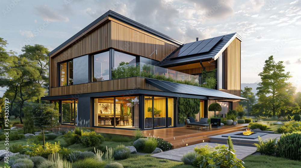 New modern eco friendly passive house with a photovoltaic system on the ...