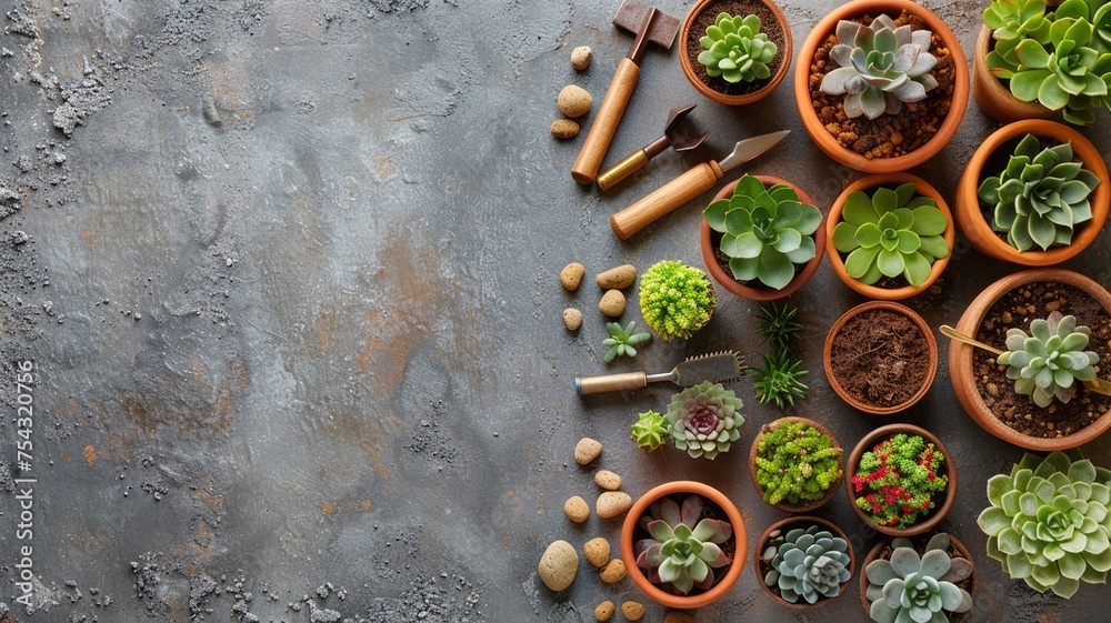 Succulent plants and gardening tools on concrete background with space for creativity - obrazy, fototapety, plakaty 