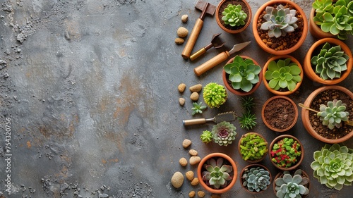Succulent plants and gardening tools on concrete background with space for creativity photo