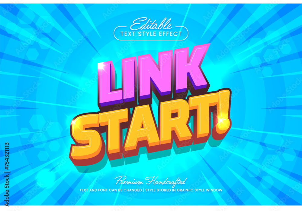 Link start 3D vector text effect graphic style. Editable vector headline and title template.