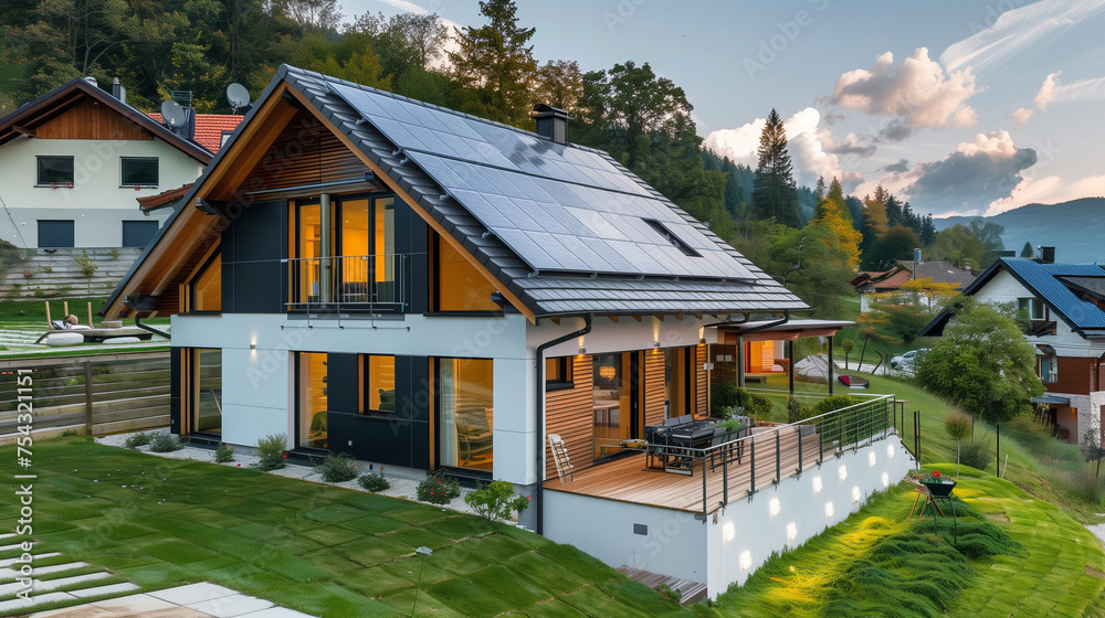 New modern eco friendly passive house with a photovoltaic system on the roof and landscaped yard. Solar panels on the gable roof. AI Generated New modern eco friendly passive house with a photovoltaic system on the roof and landscaped yard. Solar panels on the gable roof. AI Generated