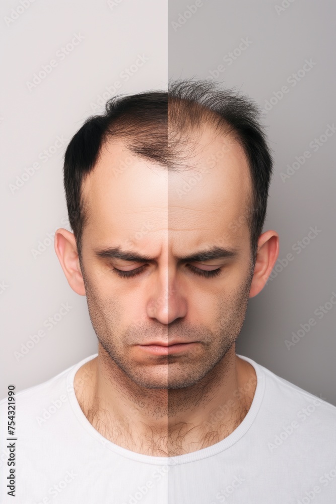 Hair loss treatment concept. Comparison of hair before and after transplantation Hair loss treatment concept. Comparison of hair before and after transplantation