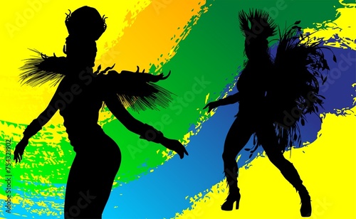 samba, baile, brasil, danza, carnaval, silueta, color, vector, pegatina, plumas, traje, ilustracion, angel, diablo 
