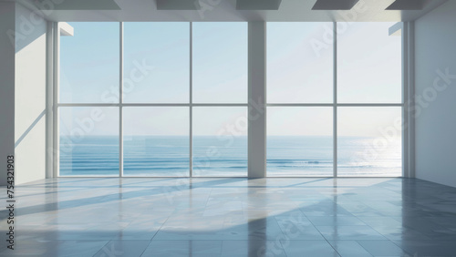 A minimalist room with a large glass window overlooking the ocean.