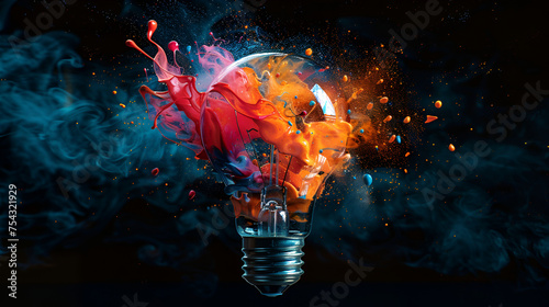 Creative light bulb explodes with colorful paint, generative ai