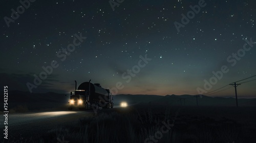 On a midnight journey a fuel tanker trucks headlights cut through the darkness illuminating a lonely road ahead under a sky filled with stars