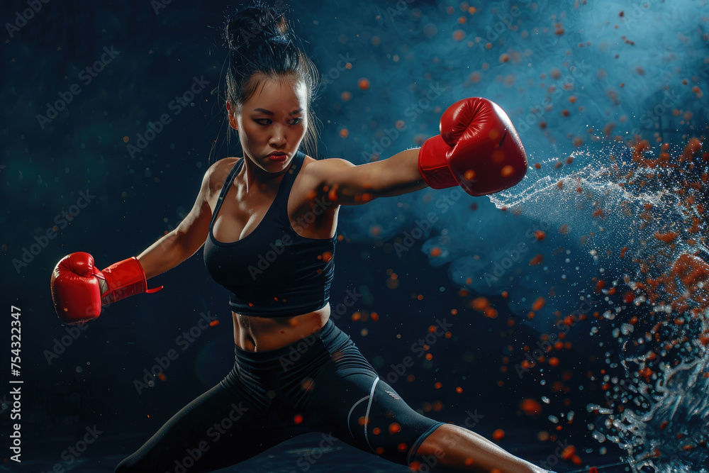Kickboxing woman in activewear and red kickboxing gloves performing a martial arts kick - obrazy, fototapety, plakaty 