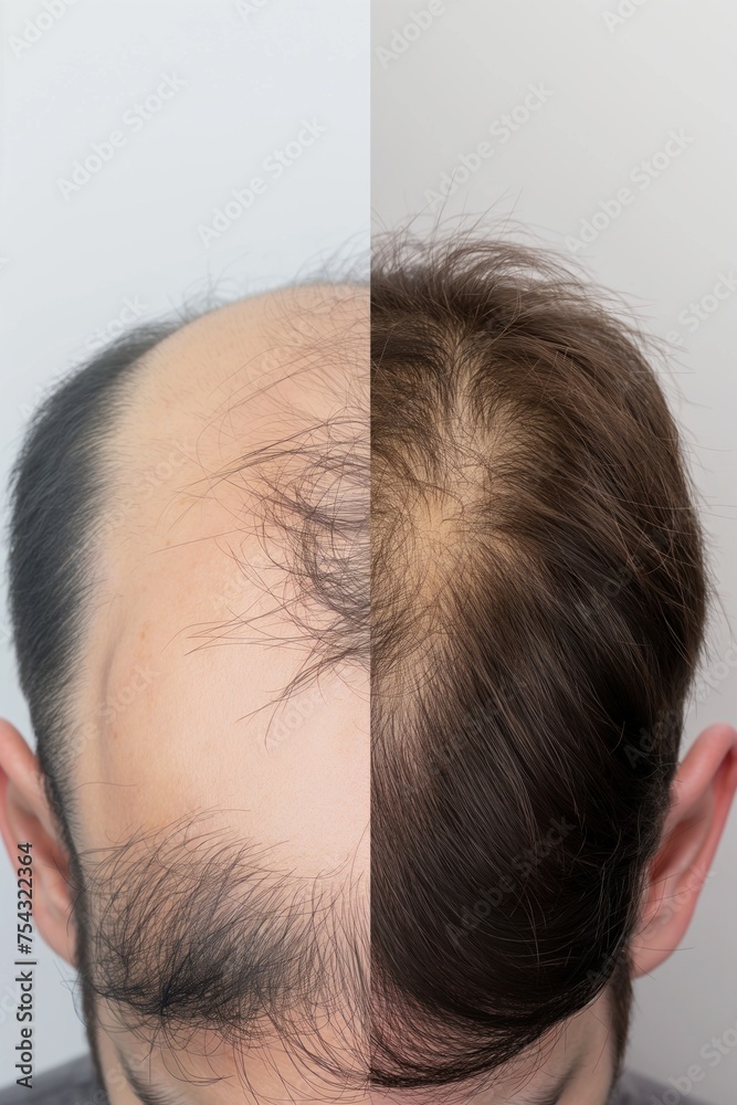 Naklejka premium Hair loss treatment concept. Comparison of hair before and after transplantation